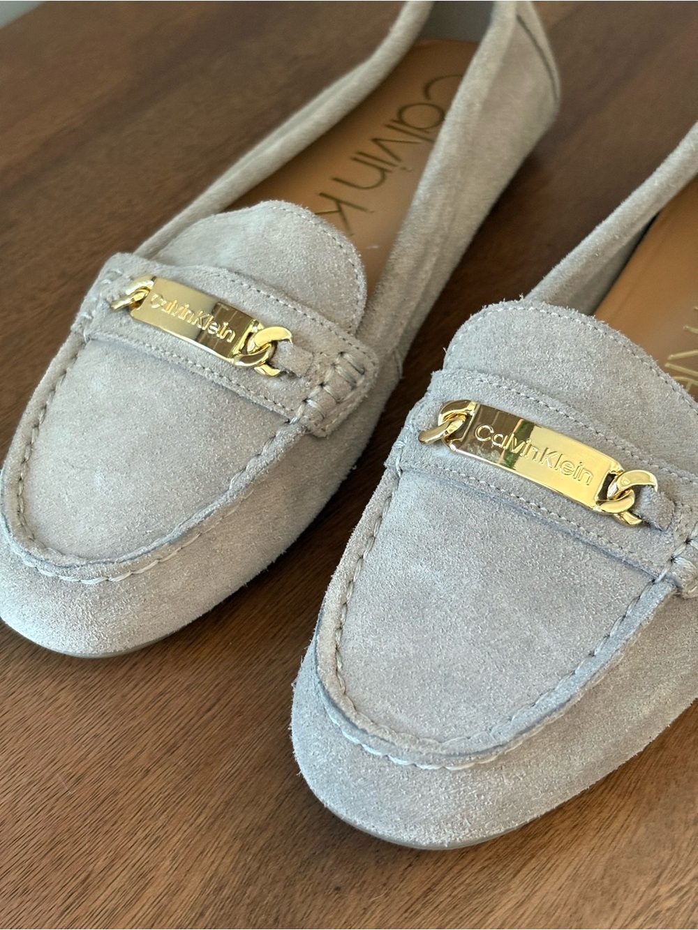 Calvin Klein Lunasi Gray Suede Loafers Gold Logo 7.5